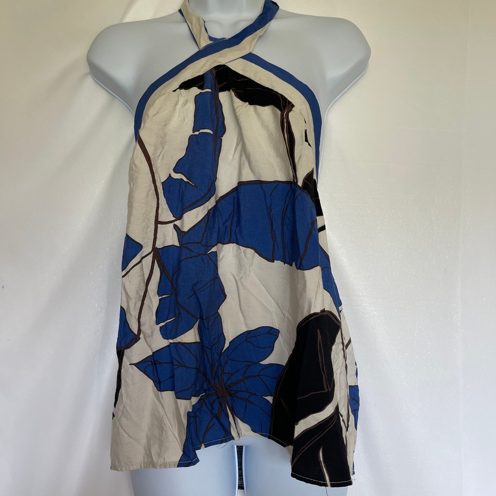 Sofia Jeans Halter Top Women M Blue Floral Tropical Coastal Cruise Boho Resort